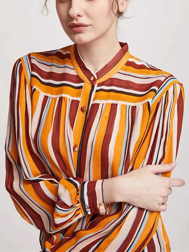 

Новинка, женская шелковая рубашка в полоску контрастных цветов в стиле ретро, Женская однобортная рубашка ранней весны с длинным рукавом и воротником-стойкой