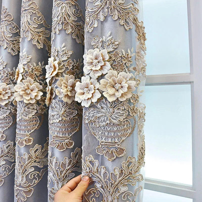 

European Top Luxury 4D Embossed Flower Design Tulle Curtain Jacquard Curtain Fabric For Living Room Bedroom Hotel Window Decor