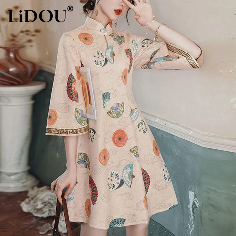 Женское винтажное платье-трапеция в китайском стиле