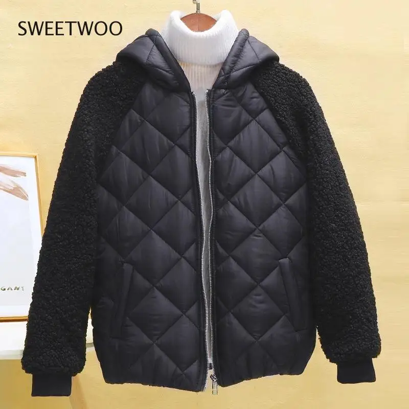 Thin Light Down Cotton Jacket Female Short Coat Autumn Winter Women's 2022 Hooded Loose Imitation Lamb Wool Cotton Jacket Tide