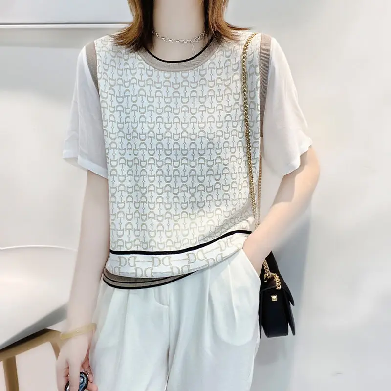

T-shirt Letter Jacquard Ice Silk Knitwear Summer New Loose Breathable Contrast Short Sleeve Knitted Women's Top