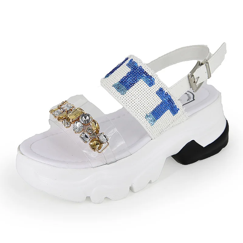 

5cm Platform Wedges Sandals Women Bling Bling Women Summer Shoes Beach Rhinestone Non Slip Leather Sandals Female