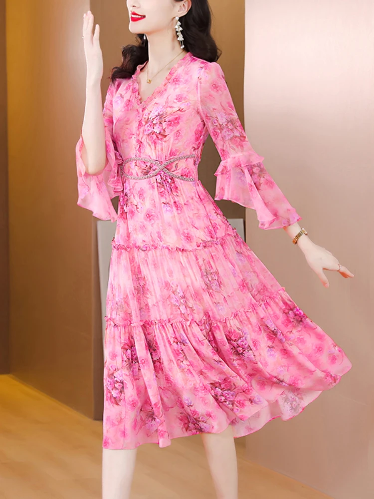 2023 Spring and Summer New V-neck Silk Short Sleeve Dress French Silk Flower Print Pink Waist Slim Mid-length Dress