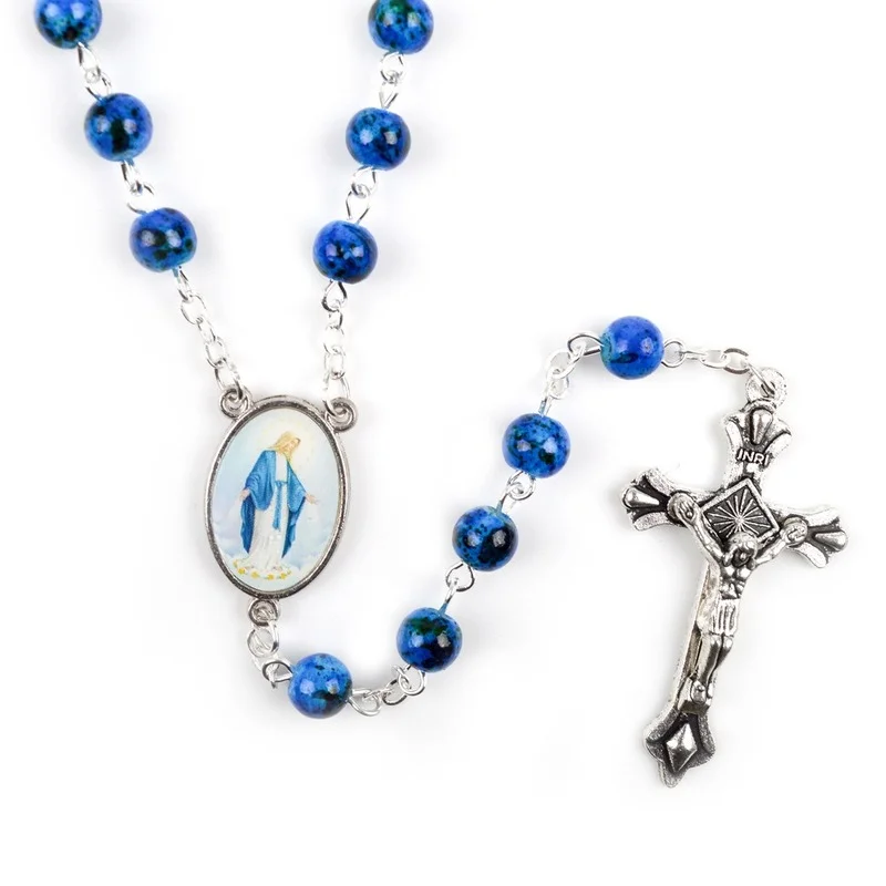 

Vintage Cross Rosary Necklace 6mm Round Blue Glass Beads Virgin Mary Jesus Pendant Necklace Women Catholic Religious Jewelry