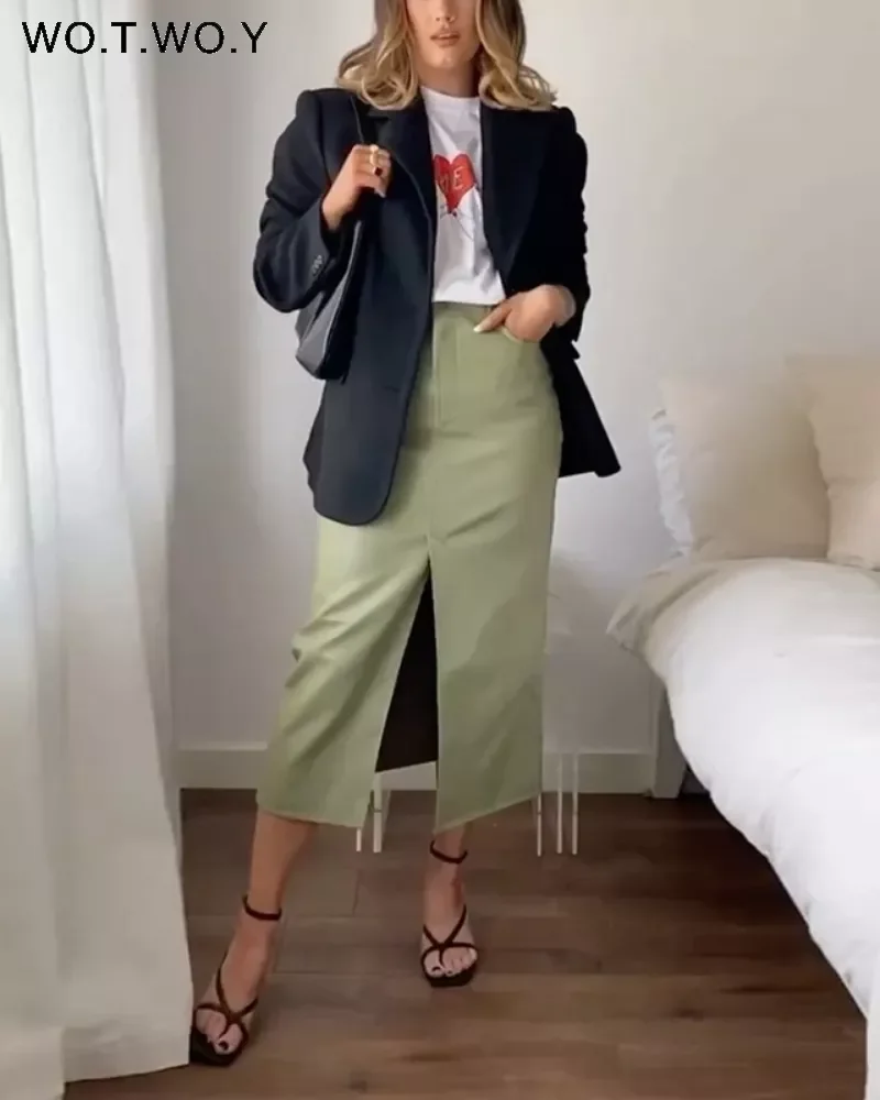 

WOTWOY High Waist Fleece Front Split Leather Skirt Women Autumn Winter Straight Solid Midi Skirts Female Office Lady Faldas 2021