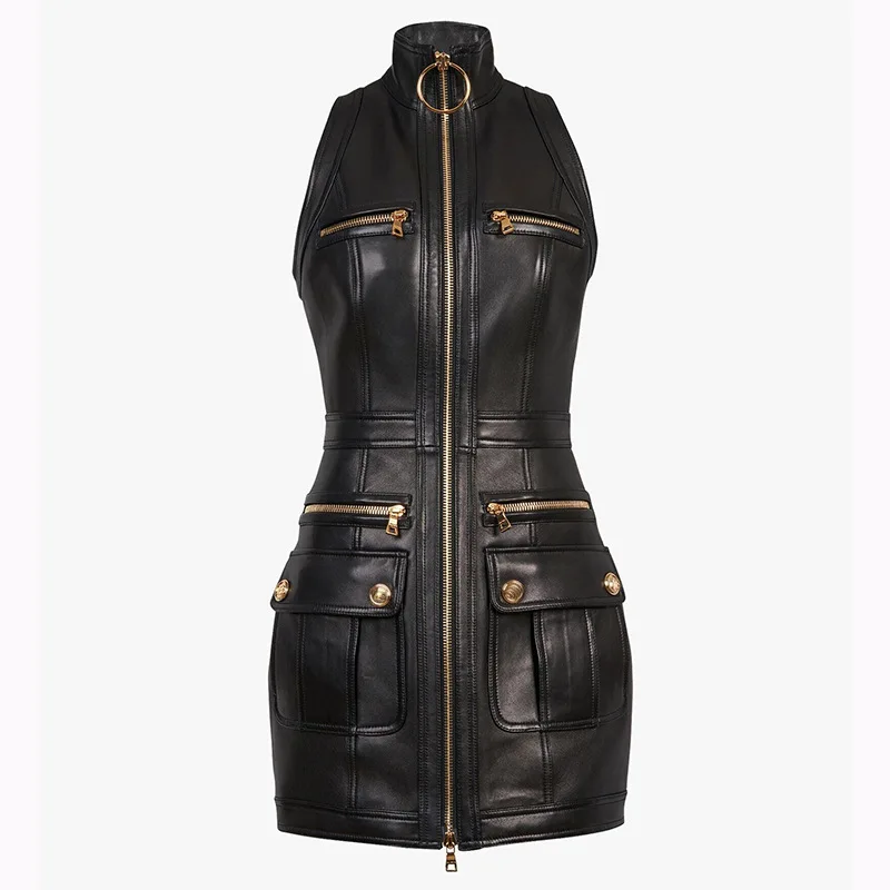 

HIGH STREET Newest 2022 Designer Fashion Women's Sleeveless Lion Buttons Embellished Zip Leather Dress