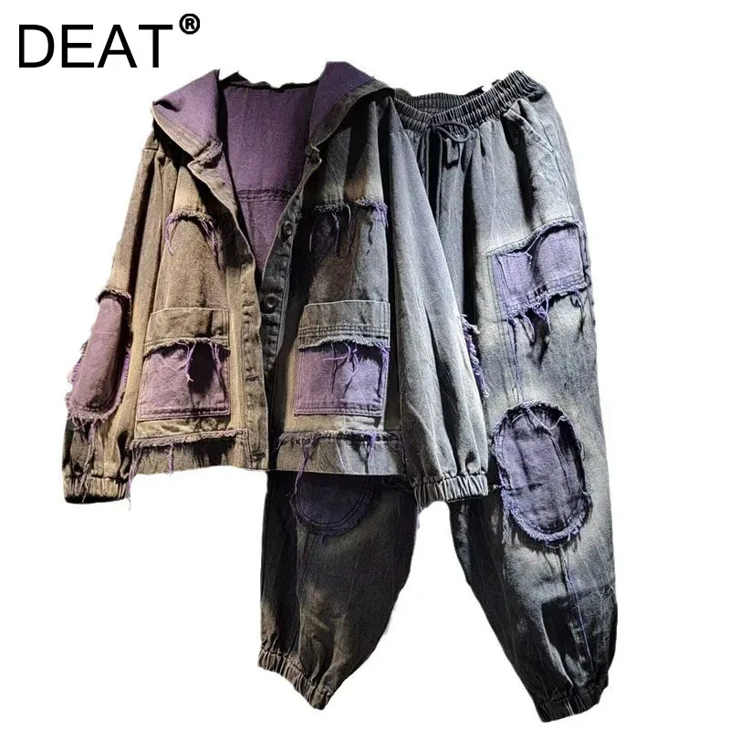 Женский джинсовый комплект из 2 предметов DEAT Свободное пальто с капюшоном