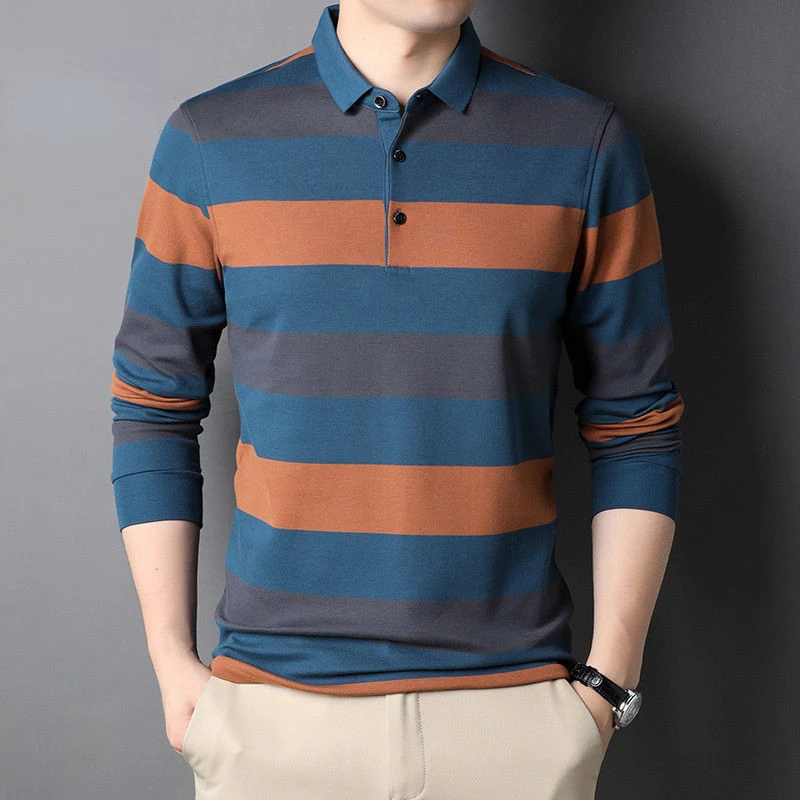 

New Spring and Autumn Clothes Men Streetwear T-shirts Pullover Full Sleeve Casual Turn-down Collar T Shirt Men Clothing E364