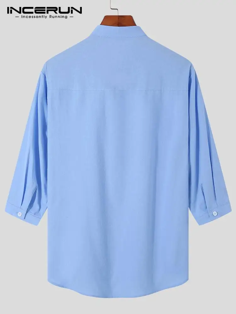 Men Casual Shirt Cotton Stand Collar 3/4 Sleeve 2022 Streetwear Solid Color Men Clothing Harajuku Button Camisas S-5XL INCERUN