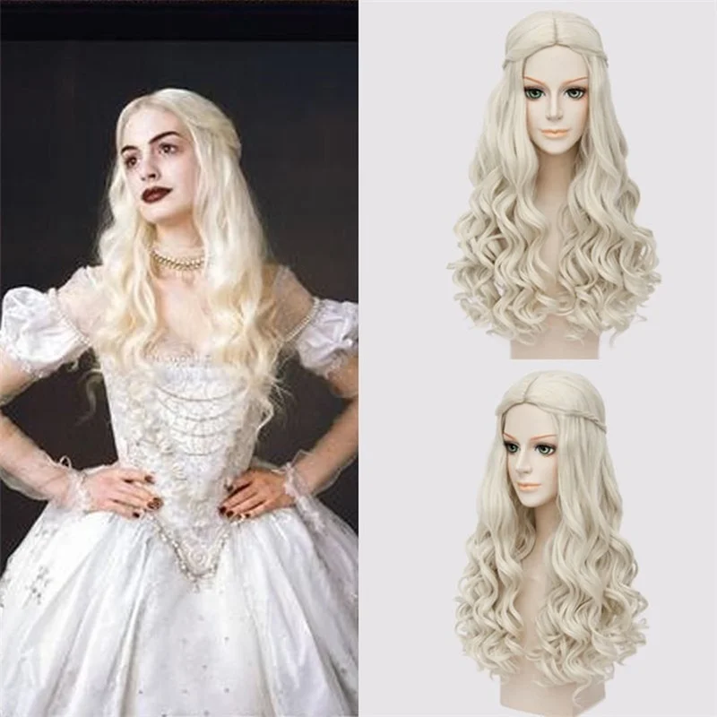 

Alice In Wonderland White Queen Cosplay Wig Blonde Wavy Long Braid Styled Synthetic Hair Heat Resistance Fiber + Wig Cap