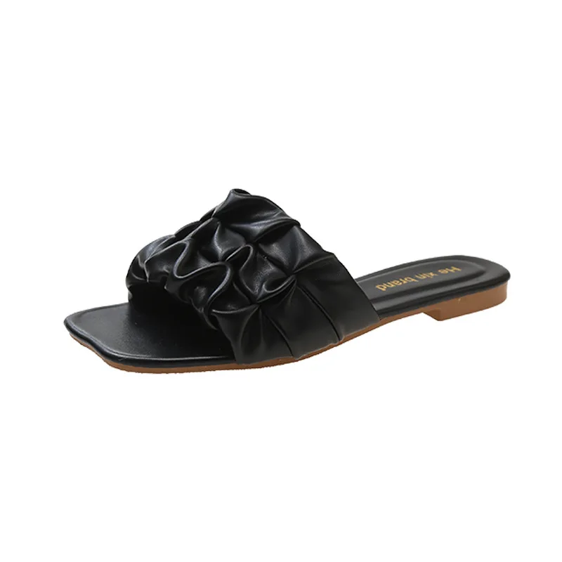 Pleated Sandals Women 2023 Slippers Summer Korean Version Flip Flops Flat Beach Sandalias Chanclas Pantuflas Chinelos Off White