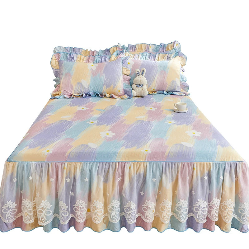 Korean sle Lace Cotton L Bed Skirt One-Piece Summer Sheet Bedspread Princess Sle Pillowcase Three piece
