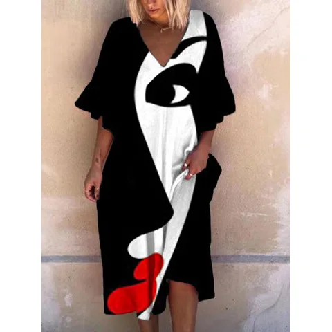 

Women Vintage Print Dress High Waist Pink Elegant Sexy V-neck Butterfly Sleeve Loose Dresses Street Wear Beach Casual Vestidos