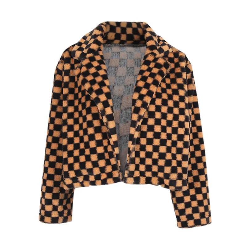 Vintage Checkboard Winter Jacket Women Thick Warm Faux Fur Y2k Korean Pop Gothic Harajuku Vintage Jacket for Women Outwear goth