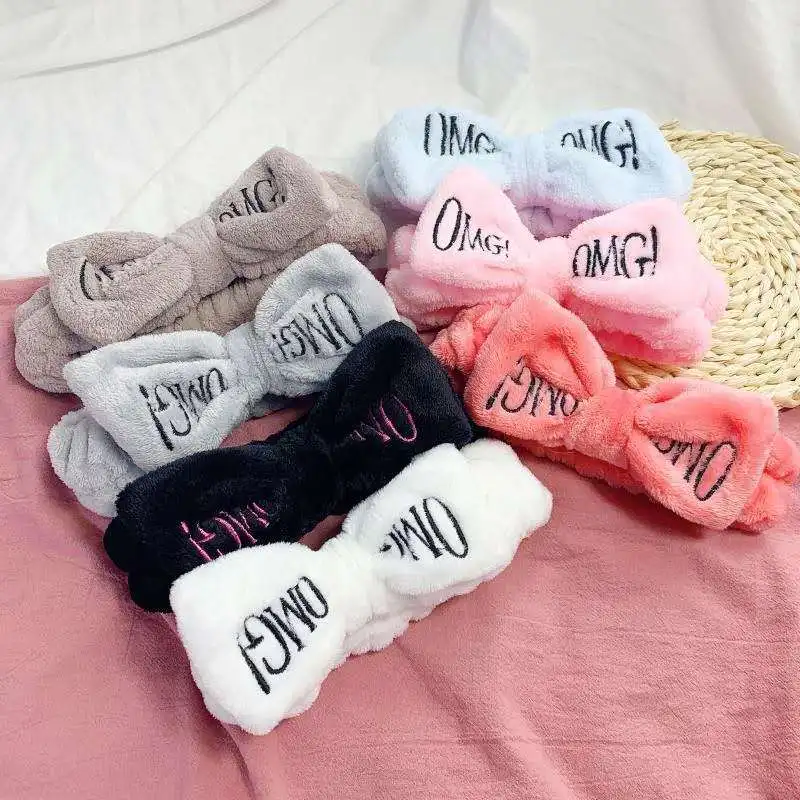 

2020 New OMG Letter Coral Fleece Wash Face Hairbands For Women Cute Soft Bow Girls Headbands Hair Bands Turban Hair Accessories