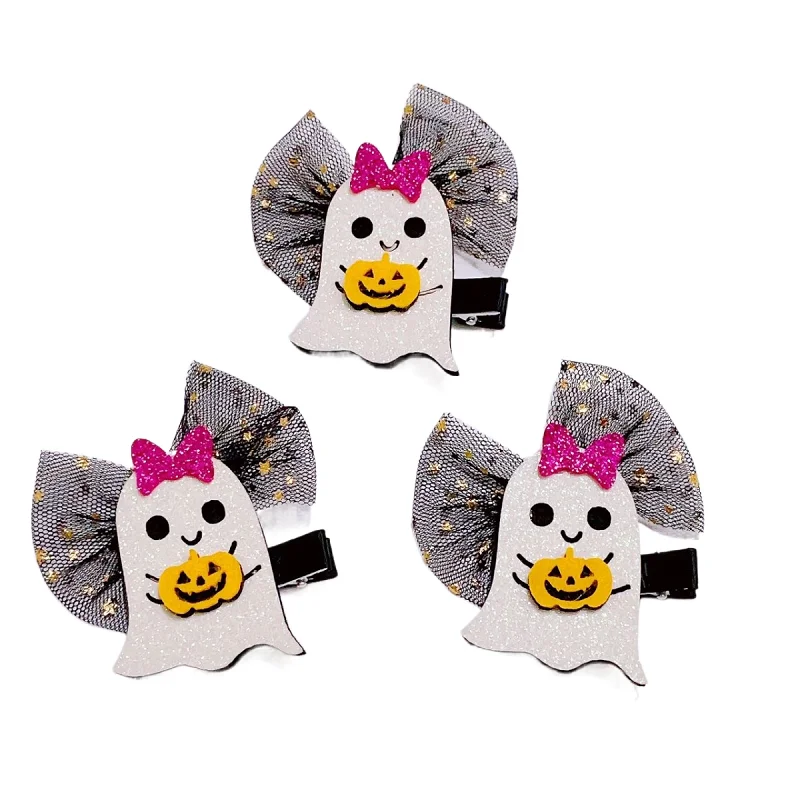 10pcs Boutique Glitter Ghost Felt Pumpkin Hairpins Tulle Bow Cartoon Barrettes Halloween Party Headwear Girls Hair Accessories