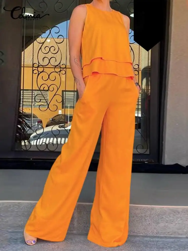 

Streetwear Sleeveless Summer Casual Sets Celmia Fashion 2 PCS Pant Sets Layered Hem Tops and Elasitc Waist Wide Leg Pant Suits