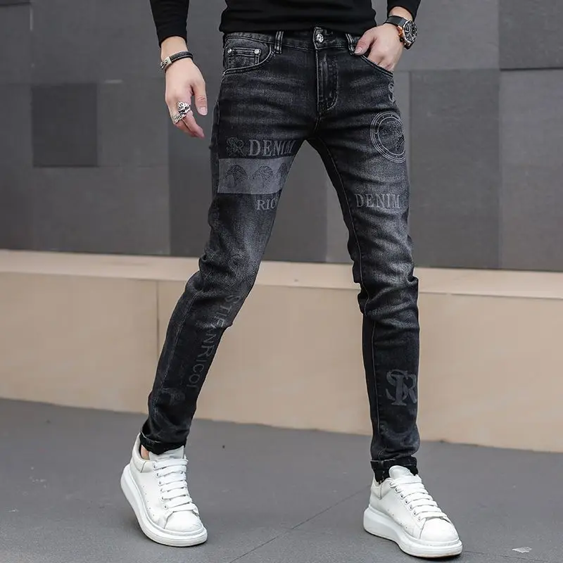 2023 Spring and Autumn New Jeans Men's Elastic Slim Fit Korean Casual Printing Jeans Designer Pants Street Clothing