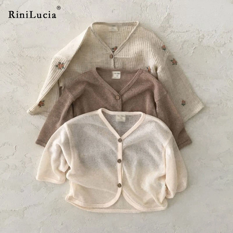RiniLucia Summer Baby Knitted Cardigan Sweater Clothes Sweater Coat Floral Long Sleeve Outwear Thin Cotton Cardigan For Girls