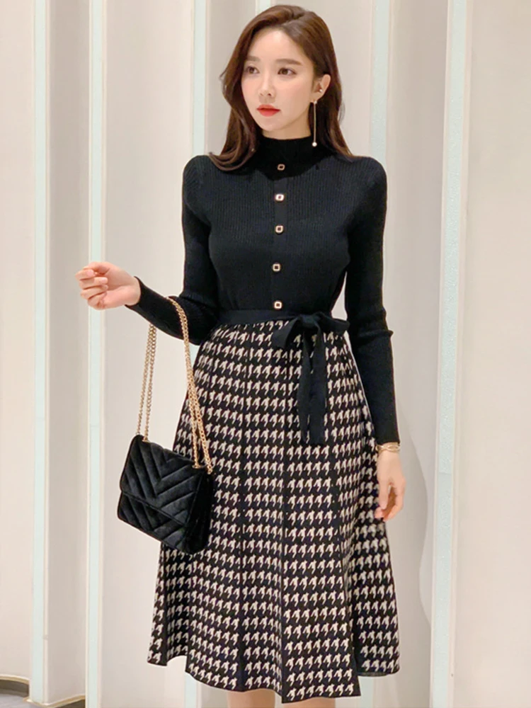 

Elegant Midi Dress Women Vintage Black Knitted Stretch Bird Lattice Single Breasted Belt Pleated Robe Femme Street Vestido Mujer