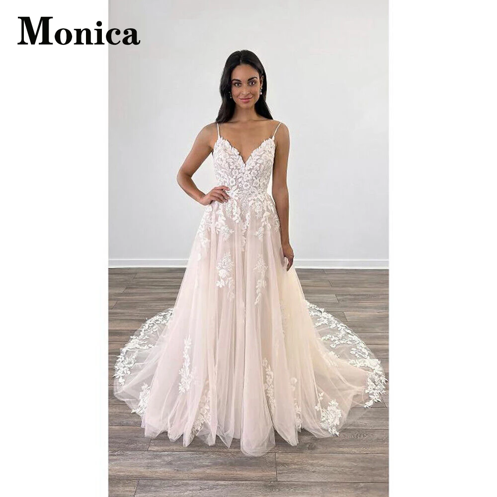 

MONICA Spaghetti Straps Wedding Gown For Bride Backless Fairytale Appliques V-Neck Tulle Court Train A-LINE Robe De Mariée