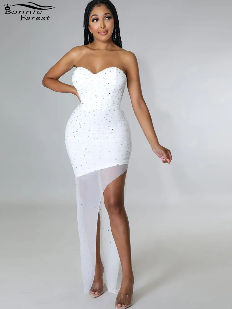 

Бонни лес сексуальное Белое Стразы прозрачное Сетчатое платье Макси Новое женское длинное платье без бретелек на день рождения Клубная оде...