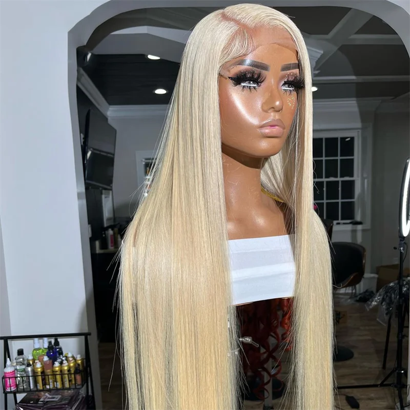 Ash Blonde Straight Mixed Human Hair Blend Synthetic Wig Pre Plucked With Baby Hair Transparent HD Lace 13x4 Lace Front Wig