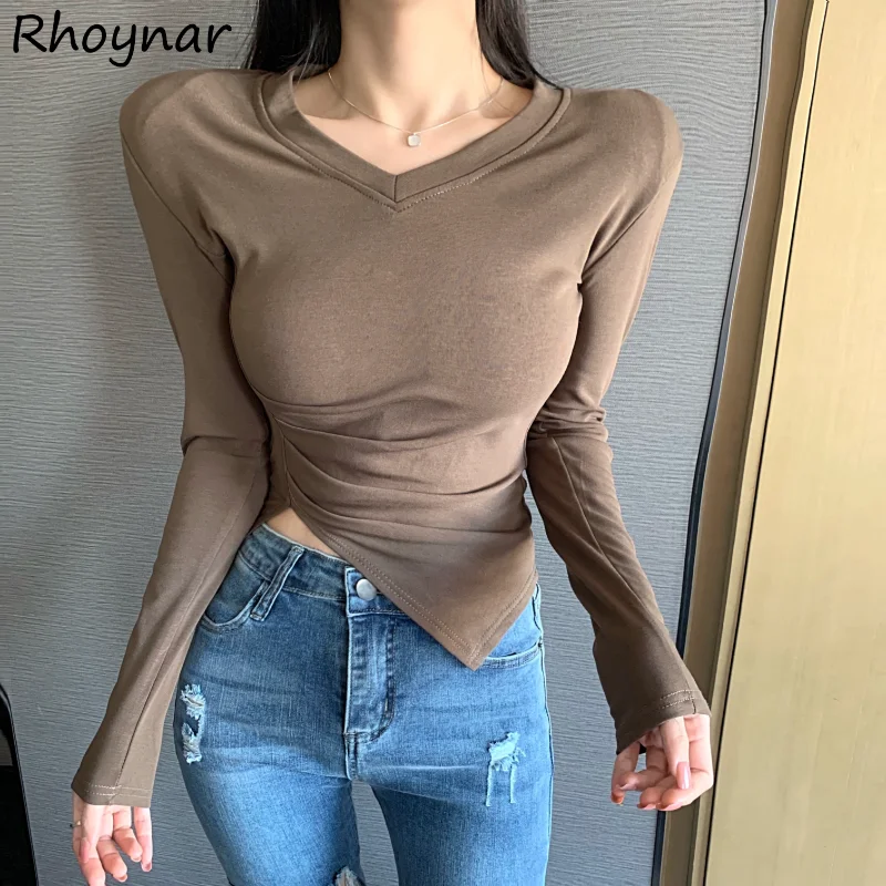 

Футболка женская с длинным рукавом, простая рубашка в Корейском стиле, однотонная Асимметричная сорочка, популярная мягкая одежда