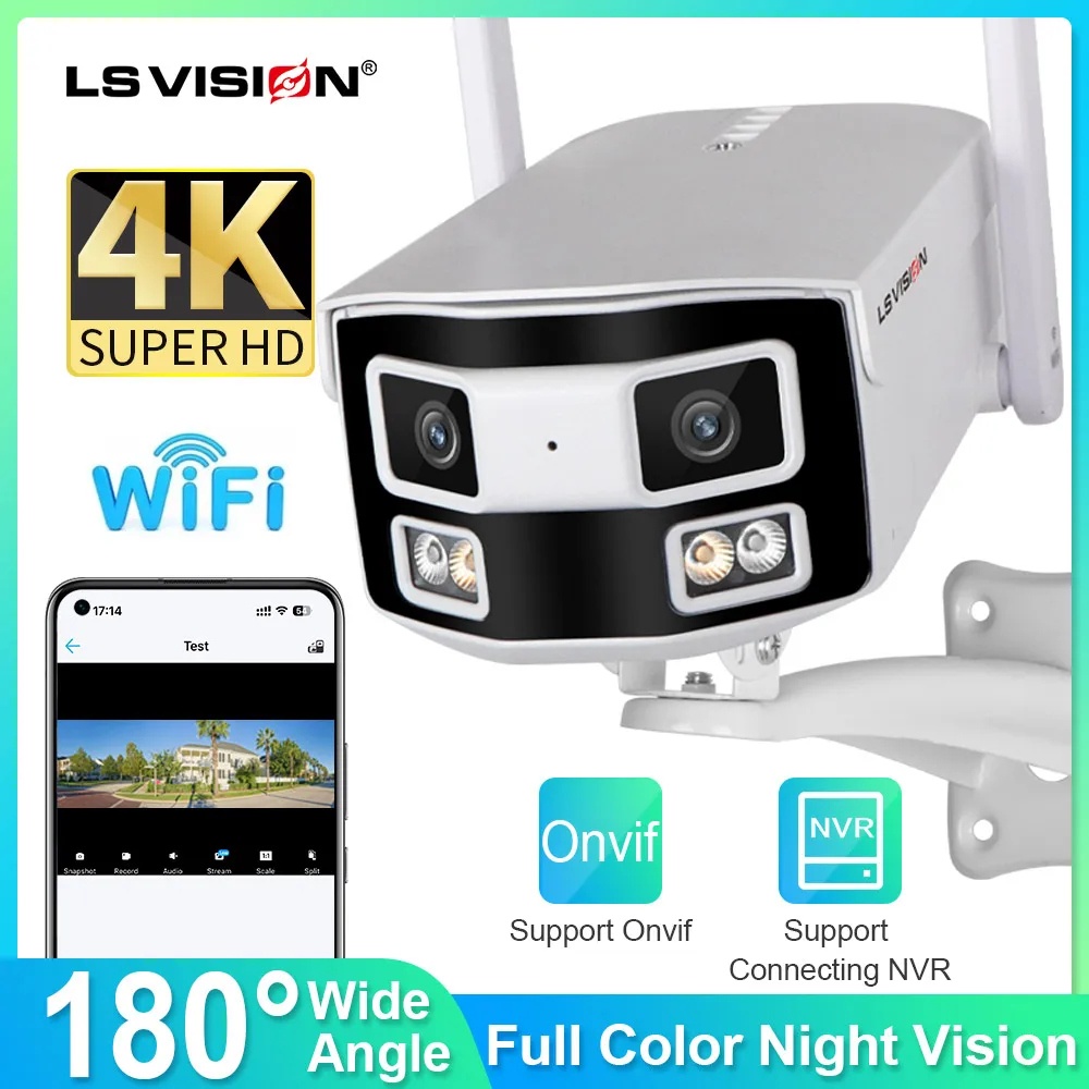 

LS VISION IP POE Camera 4K 8MP 180° Ultra Wide View Angle Panoramic Wifi Surveillance Dual Lens Webcam AI Human Detection NVR