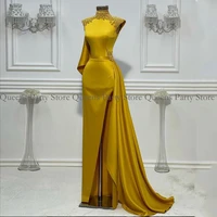 gold evening dress elegant high neck cap sleeve pearls mermaid party dresses sweep train side slit celebrity gown for women