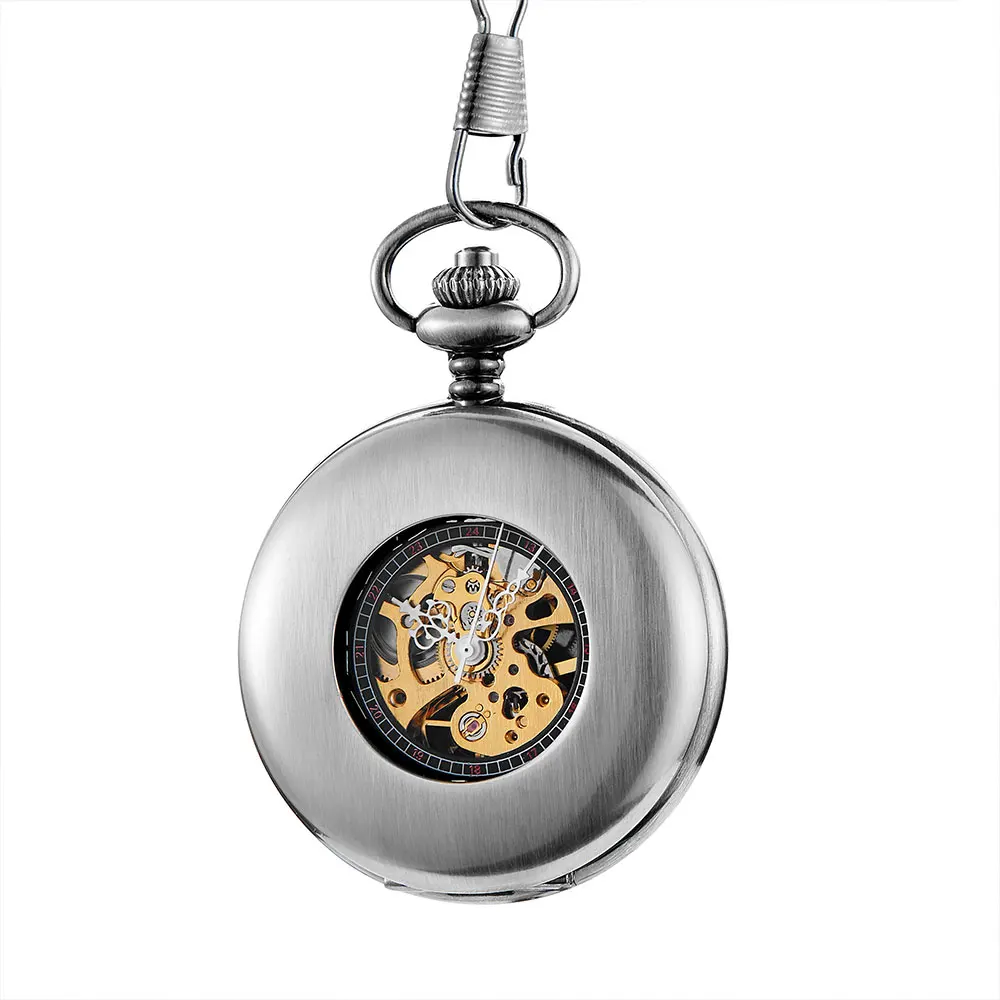 Vintage Smooth Skeleton Mechanical Bronze Pocket Watch Men Steampuk Hand Wind Pendant Clock Chain With Arabic Numerals for Gift