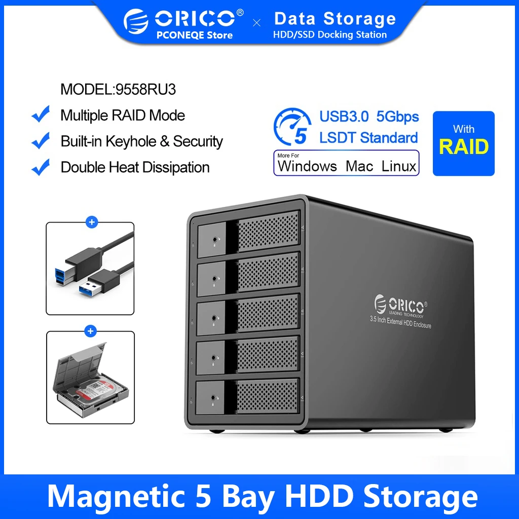 

ORICO 95 Series Multi Bay 3.5'' Aluminum HDD Docking Station 16TB Single SATA to USB3.0 150W Internal Power HDD Enclosure Raid