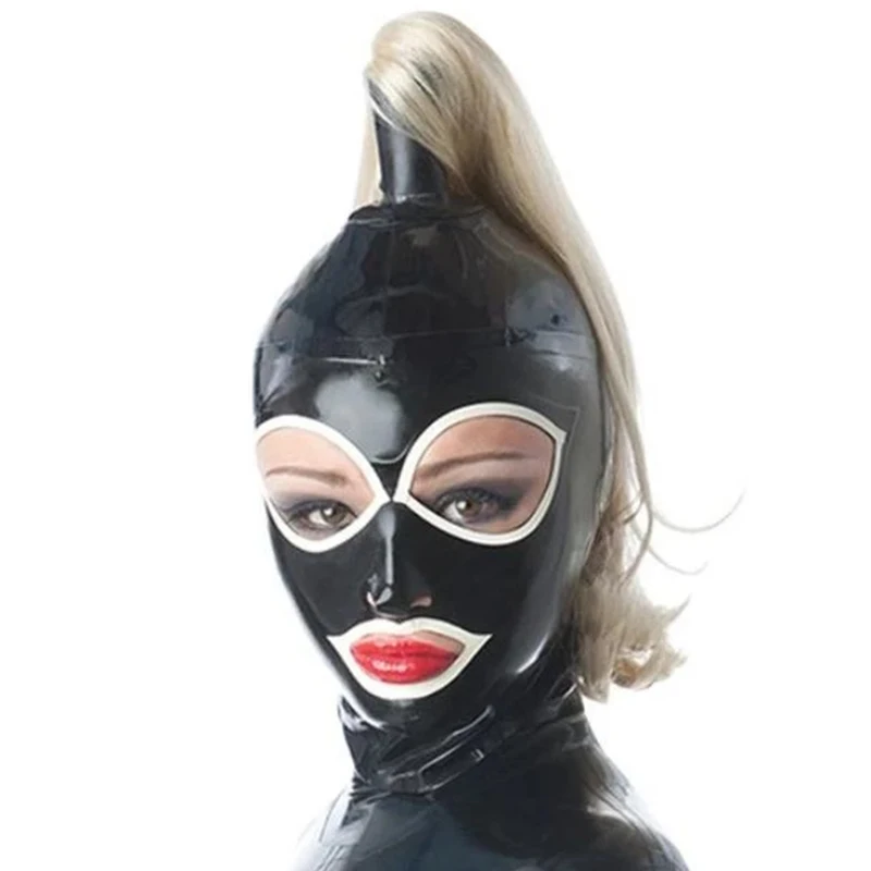 

Latex Hood Sexy Fetish Black Rubber Mask Black with White Trim Hair Back Zipper Cosplay Halloween Costumes Custom Made