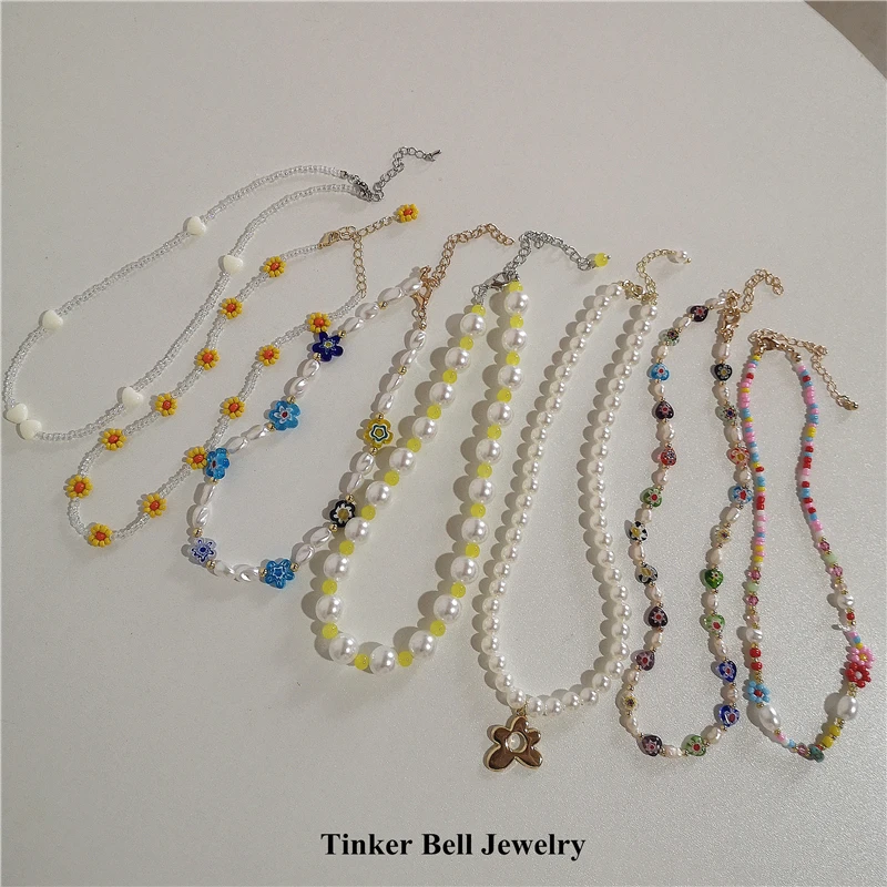 

2022 Vintage Colorful Acrylic Crystal Flower Pearl Beaded Necklace For Women Korea Fashion Beads Aesthetic Jewelry Party Gift