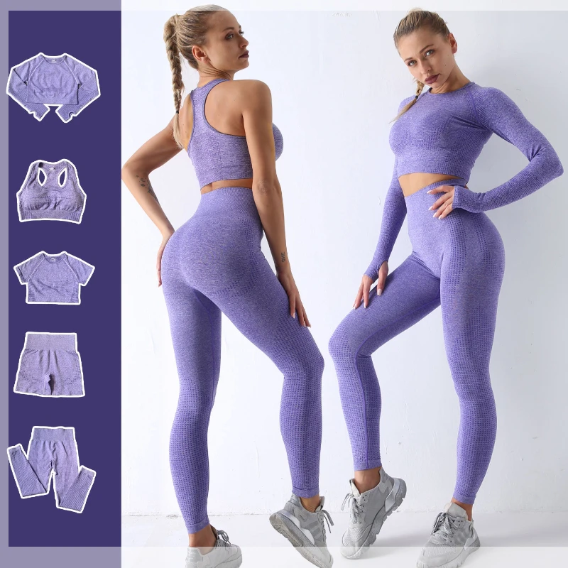 

2/3/5PCS Womens Seamless Yoga Set Workout Running Gym Clothe Fitness High Waist Leggings Long Sleeve Sportswear Sports Suits