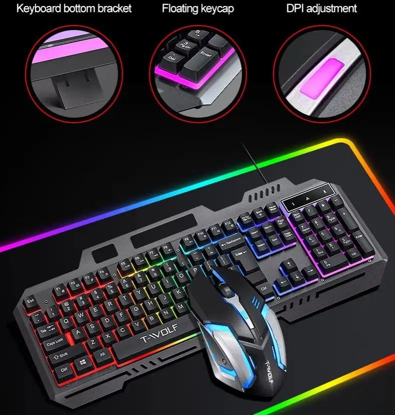 Фото Механическая игровая проводная клавиатура с RGB-подсветкой и мышью, металлическая панель, эргономичный комплект для ПК, ноутбука, планшета. №3