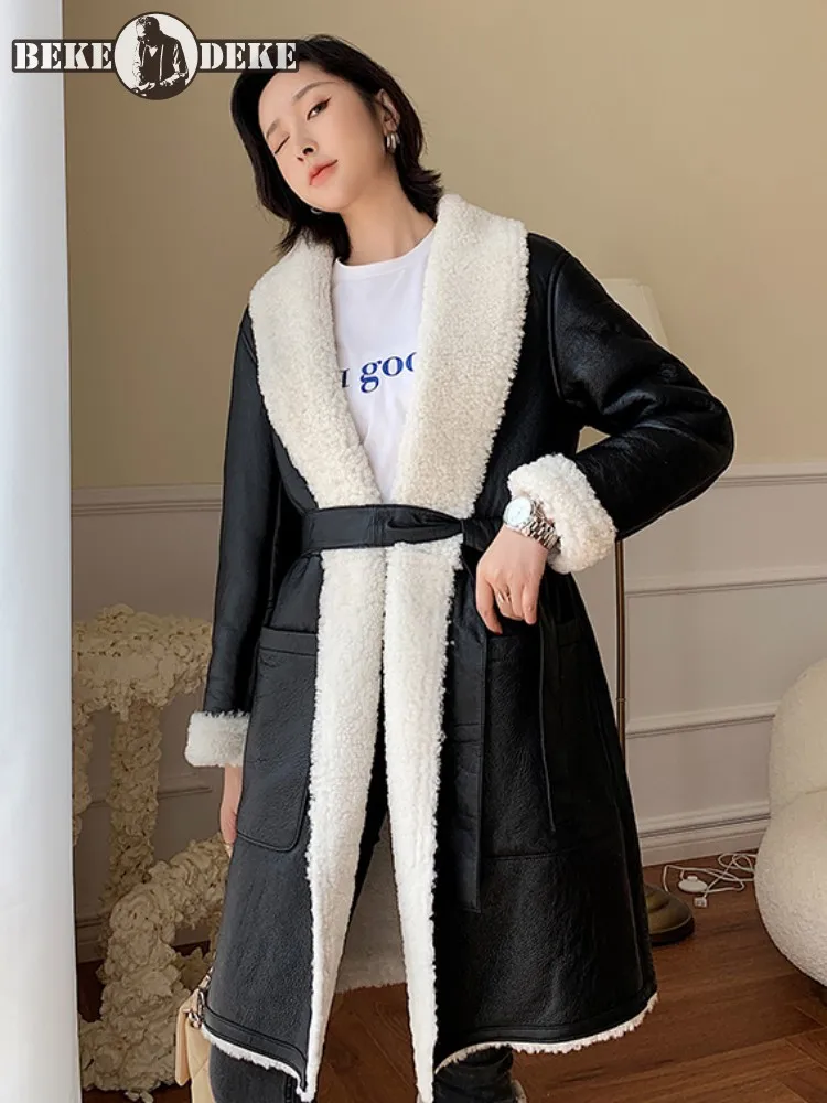 

Office Ladies Fashion Sheep Shearling Overcoat Belt Turn-Down Collar Wool Fur Lining Genuine Leather Long Coat Women Real Fur