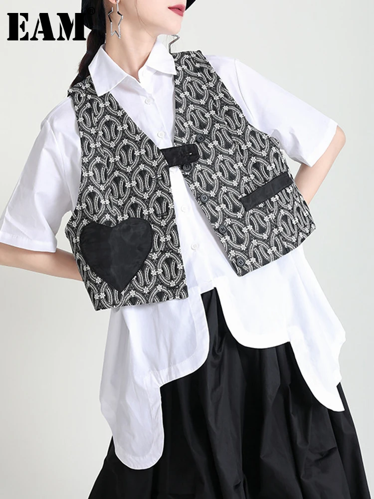 Женский Повседневный короткий жилет EAM черный Свободный с v-образным вырезом без