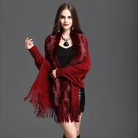 fake fox fur collar cashmere sweater cloak long thick knitted tassel long cloak cardigan ladies elegant coat cloak