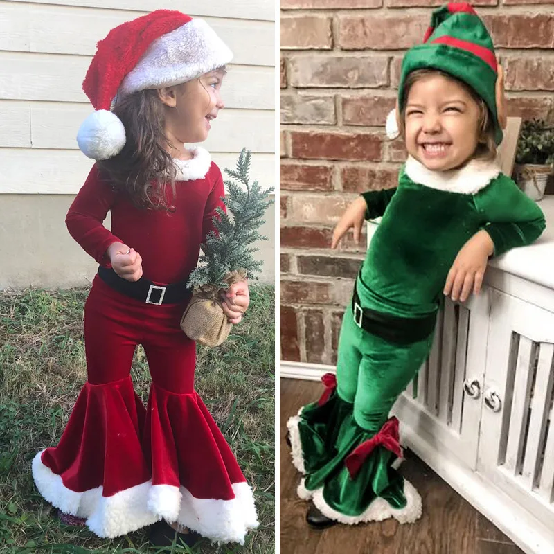 

Fur Girls Christmas Cosplay Long Sleeve Bell Bottom Velvet Suit Carnival Party Santa Claus Costume 4 Piece 2-8 Years Old