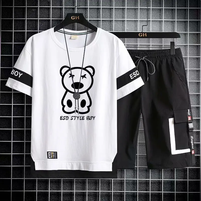 Korean Fashion Men's Sets Summer Tracksuit Printed Bear T Shirts and Sport Shorts Suit Casual Men Clothing Male Joggers Sets