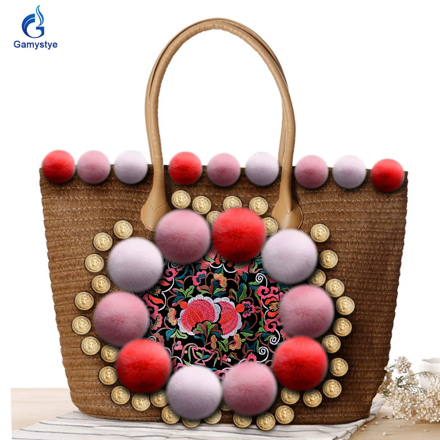 Beach Summer Vacation Handmade Straw Totes Ladies Embroidered Tote Handbags Messenger Shoulder Bag For women Woven Straw Rattan