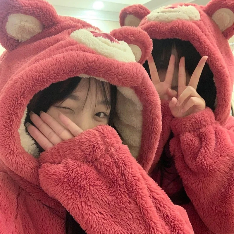 Girl Winter Thin Nightgown Length To Shank Polyester Warm Comfortable Strawberry Bear Leisure Wear With A Hat And Paw Pocket