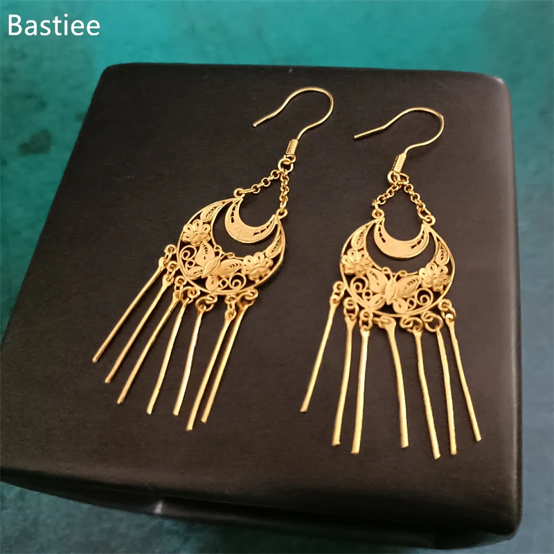 

Bastiee Miao Ethnic S999 Sterling Silver Earrings 7.8g Gold Plated Filigree Handicraft Chinese Antique Wedding Hanfu Jewelry