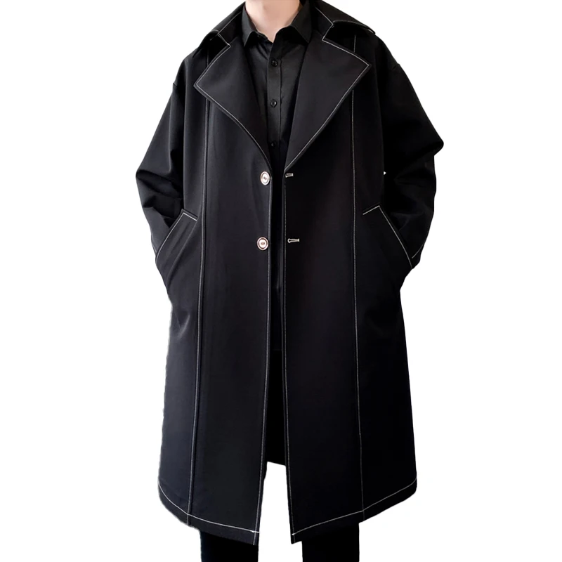 

Тренчкот длинный мужской, Классическая британская ветровка, повседневный длинный тренчкот с воротником-стойкой, серый бежевый черный, на осень