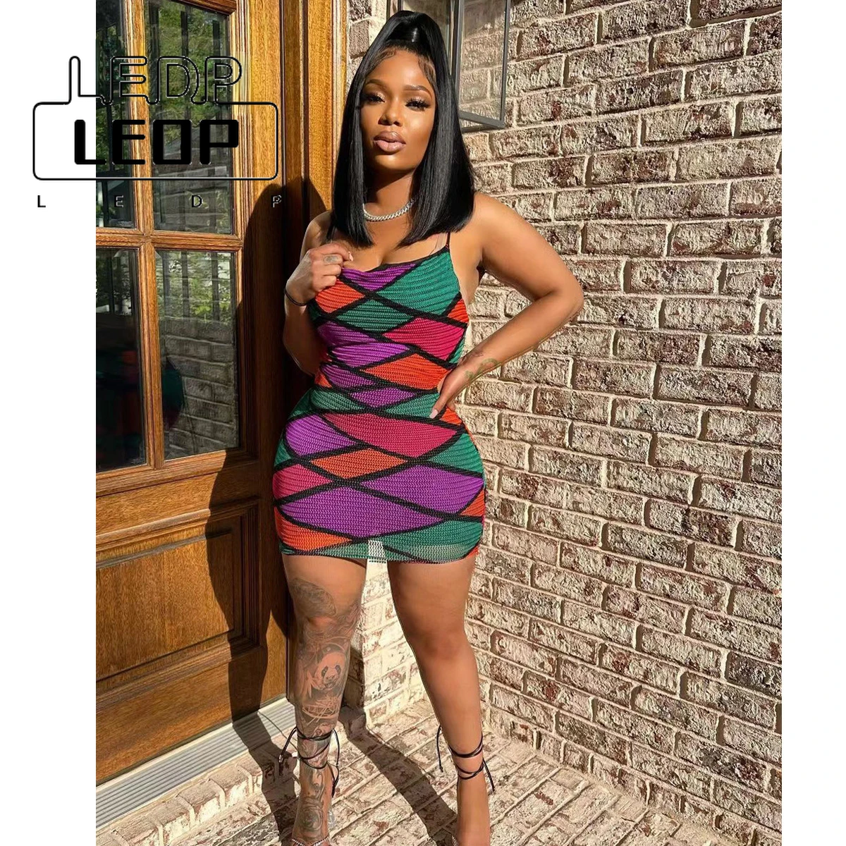 

LEDP Women's Dress Summer New Women's Fashion Printed Mesh Lace-Up Cutout Dress Club Party Prom Sexy Street Mini Bodysuit Women