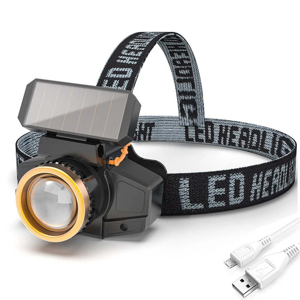 

XPE LED Headlamp Sensor Headlight with Battery Head-mounted Flashlight Solar + USB Rechargeable Waterproof Head Lamp Torch Work