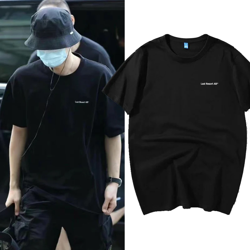 Wang Yibo Same Sle Простая черная футболка с короткими рукавами Хлопковая свободная