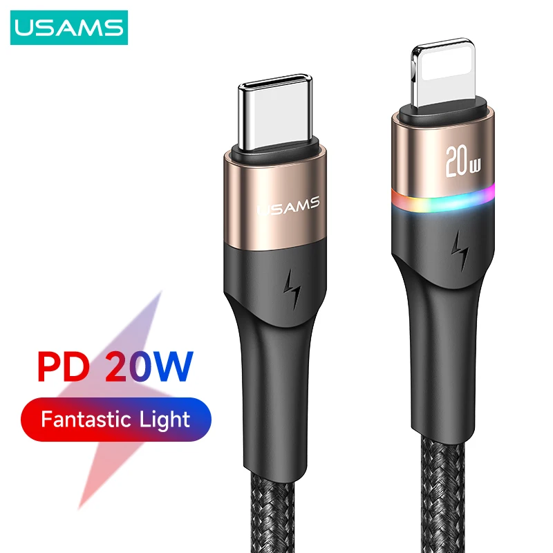 

USAMS PD 20W 3A LED Indicator Fast Charge Data Cable Colorful QC Type C to Lightning Cable For iPhone 13 12 11 Mini Pro Max