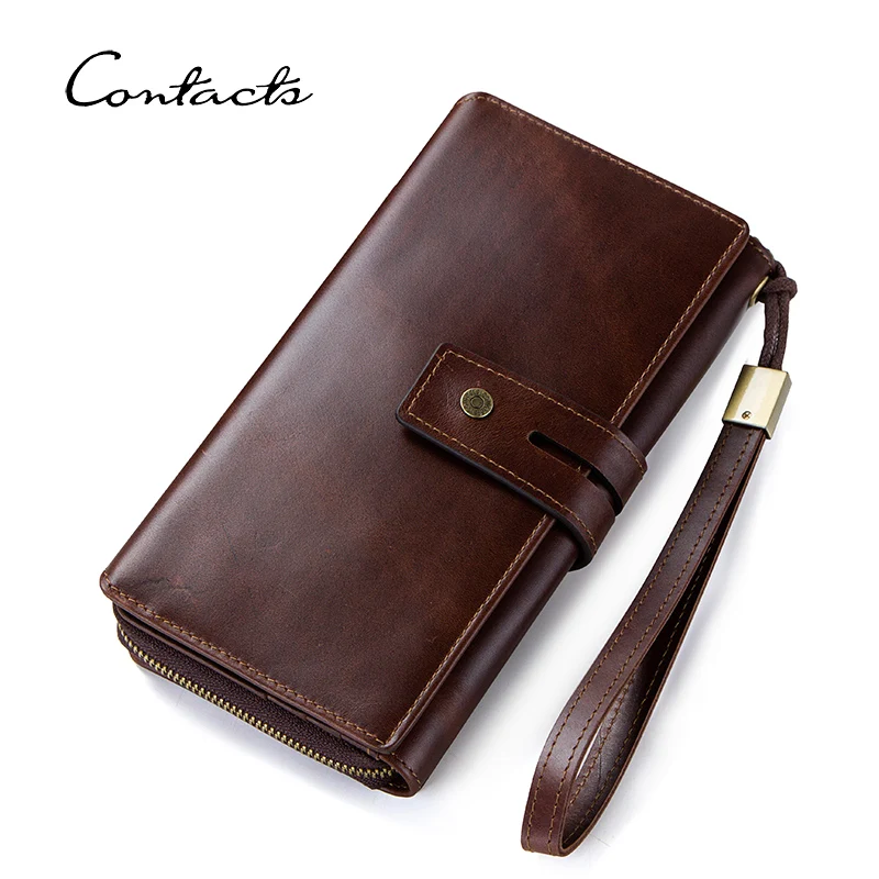 

CONTACT'S Genuine Leather Clutch Wallets for Men Long Vintage Zipper Handbags Card Holders Coin Purses Money Clip Men's Wallets